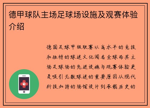 德甲球队主场足球场设施及观赛体验介绍